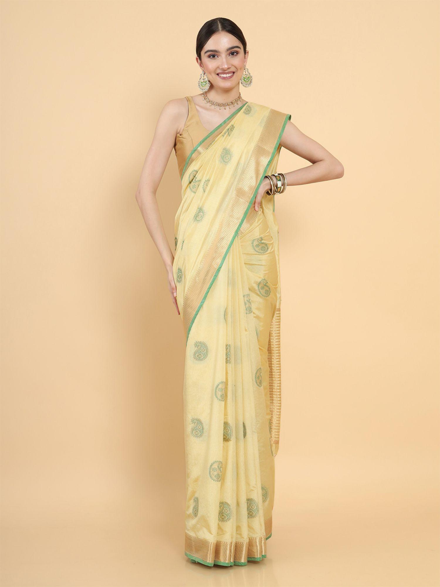 women traditional kasavu art silk beige saree with unstitched blouse