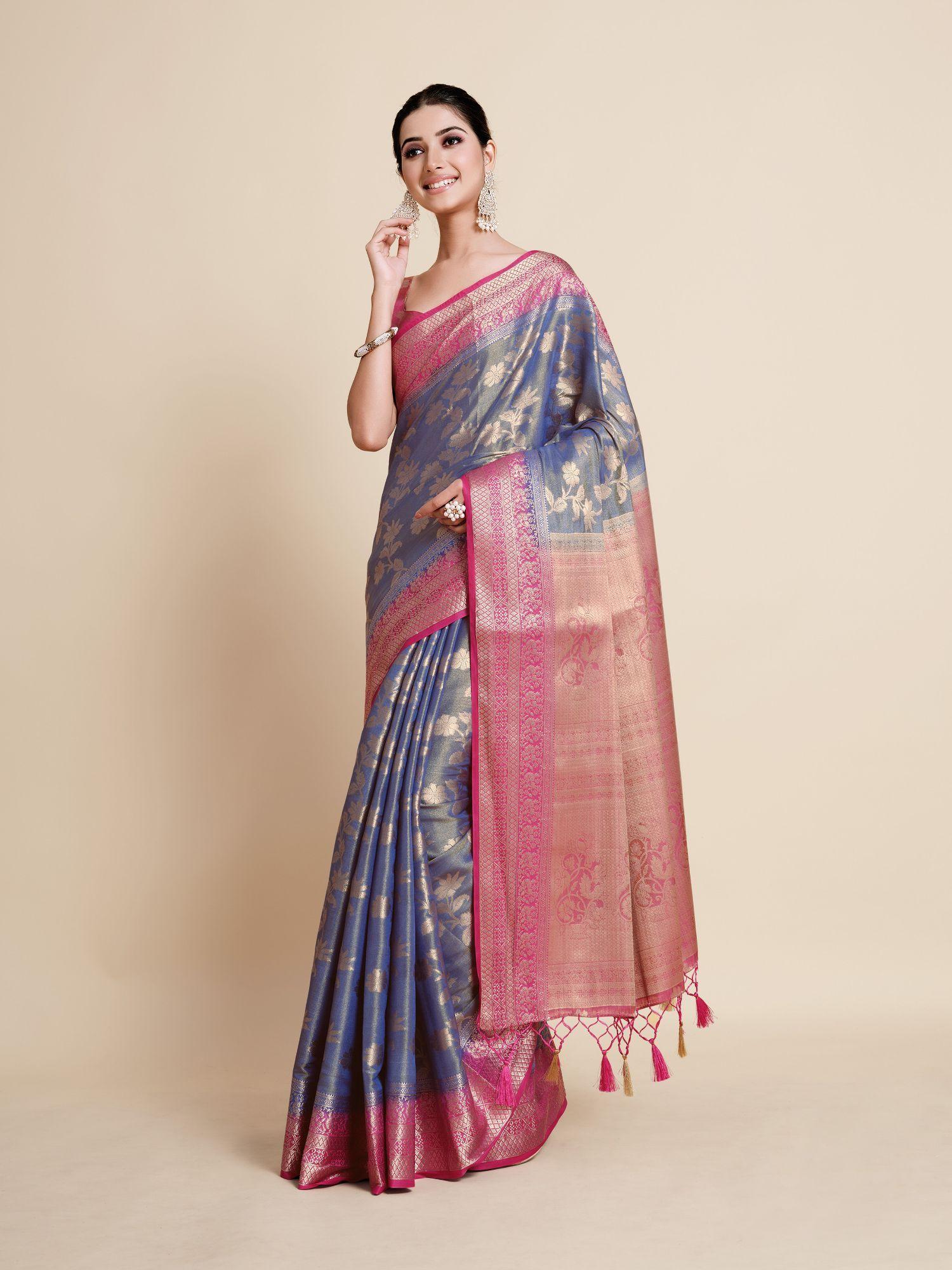 women traditional ussi kanjivaram art silk blue saree with unstitched blouse