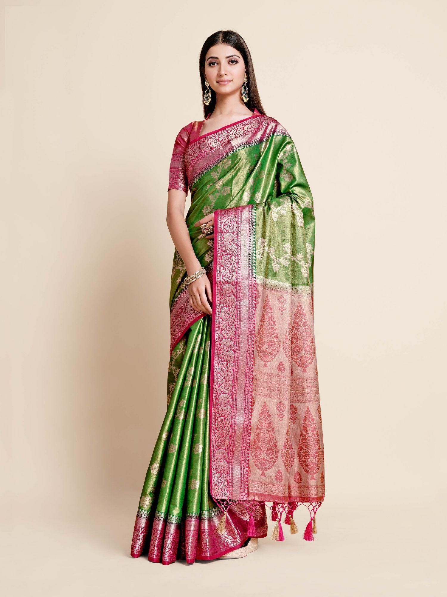 women traditional ussi kanjivaram art silk green saree with unstitched blouse