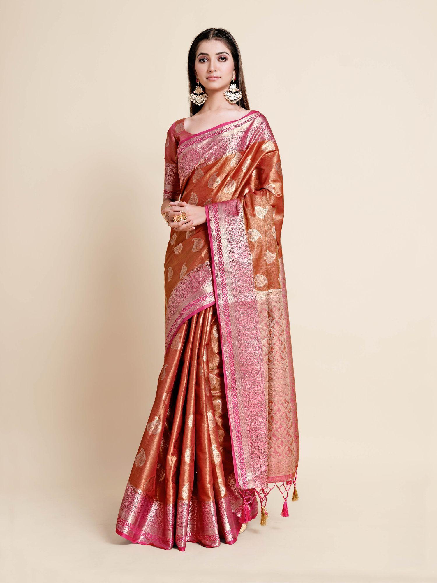 women traditional ussi kanjivaram art silk maroon saree with unstitched blouse