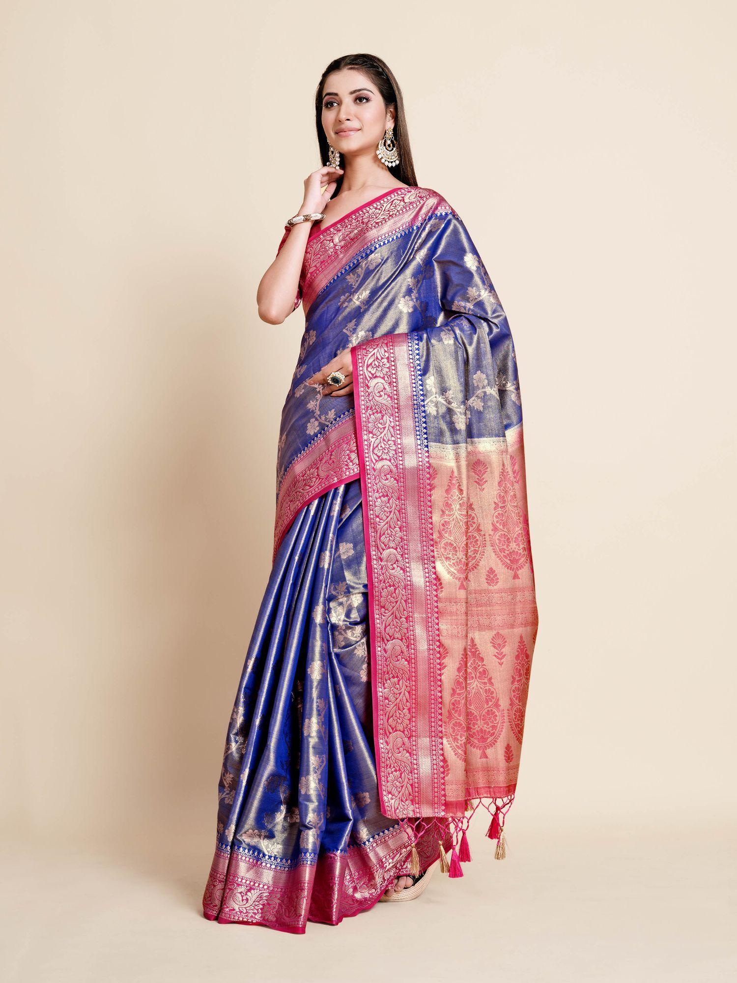 women traditional ussi kanjivaram art silk navy blue saree with unstitched blouse