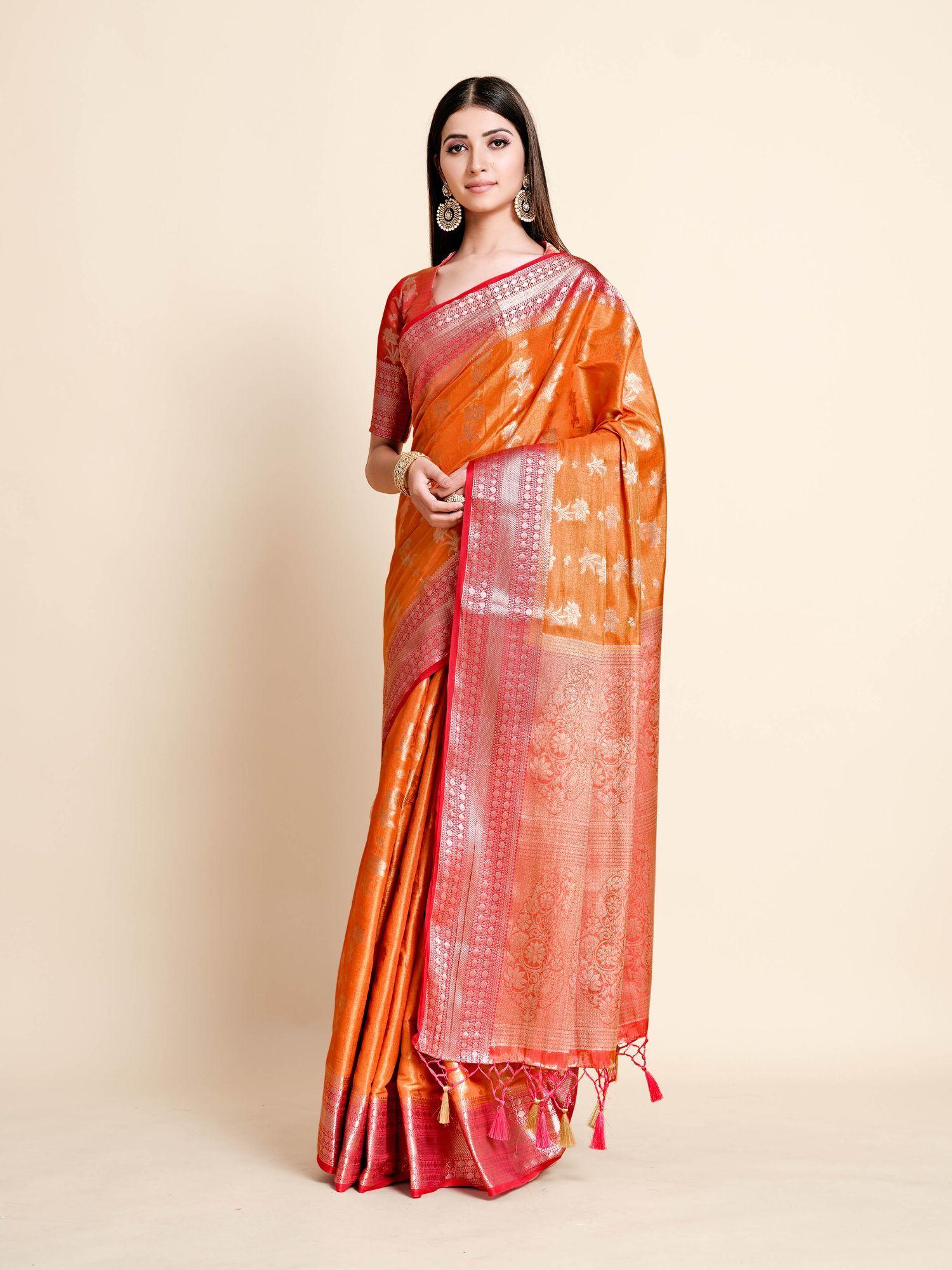 women traditional ussi kanjivaram art silk orange saree with unstitched blouse