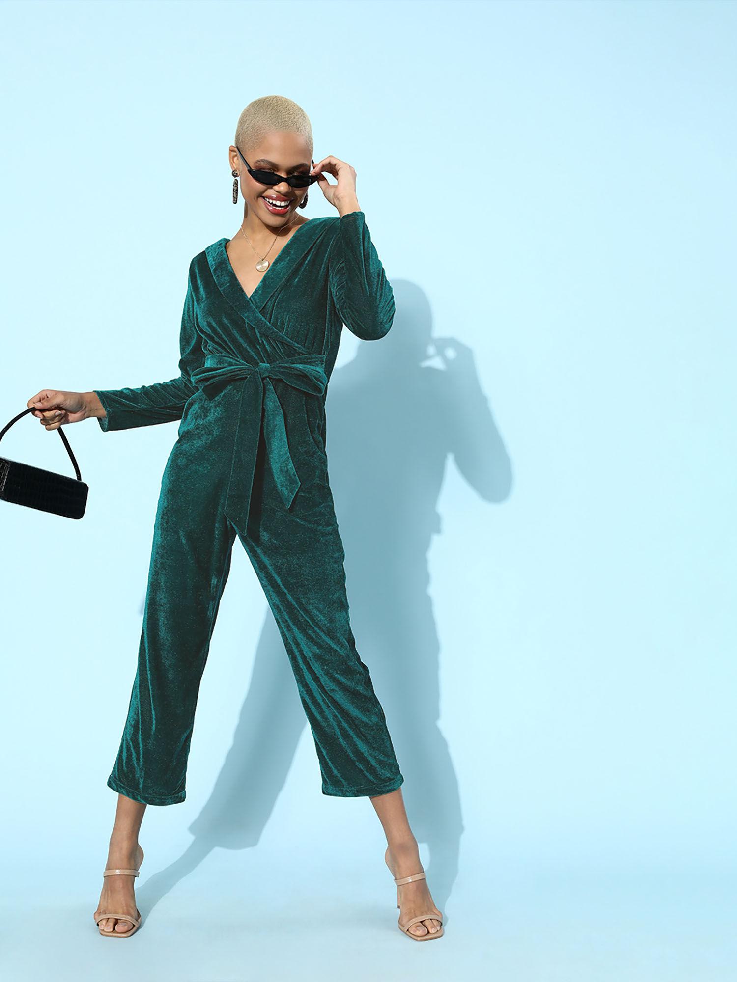 women tranquil green solid velvet jumpsuit