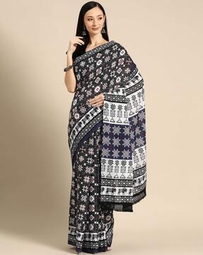 women tribal print cotton saree with tassels