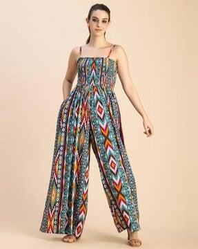 women tribal print jumpsuit with insert pockets