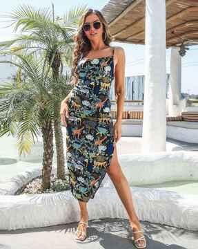 women tropical print a-line dress