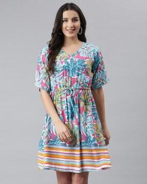 women tropical print fit & flare dress