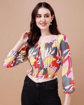 women tropical print fitted crop top