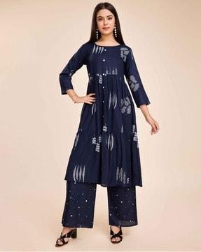 women tropical print flared kurta & palazzos