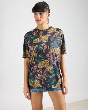 women tropical print regular fit crew-neck t-shirt