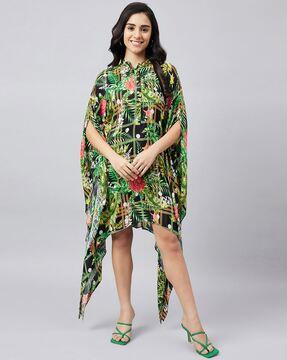 women tropical print relaxed fit tunic with asymmetrical hem