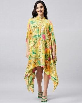 women tropical print relaxed fit tunic with asymmetrical hem