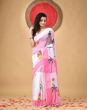 women tropical print saree with contrast border