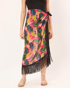 women tropical print semi-sheer wrap skirt with frayed hem