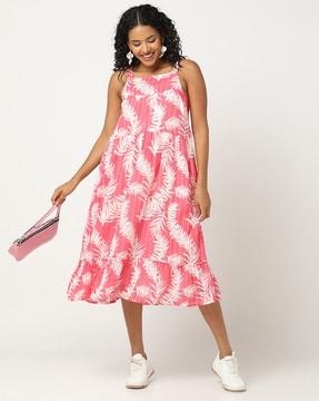 women tropical print square-neck tiered dress
