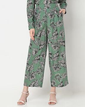 women tropical print straight fit flat-front pants
