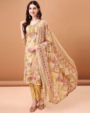 women tropical print straight kurta with pants & dupatta