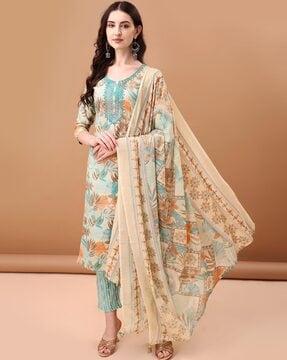 women tropical print straight kurta with pants & dupatta