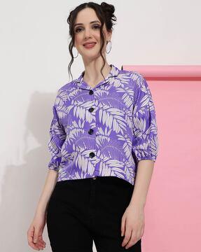 women tropical print top with collar neck