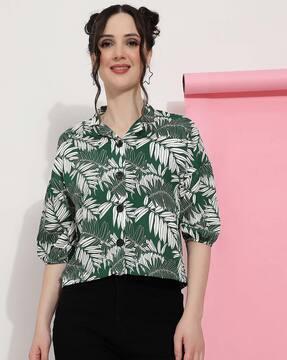 women tropical print top with collar neck