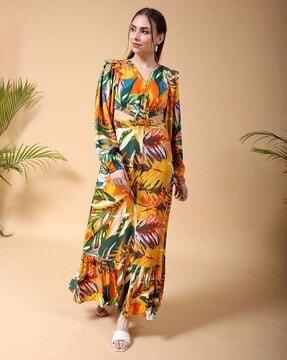 women tropical print v-neck cutout a-line dress
