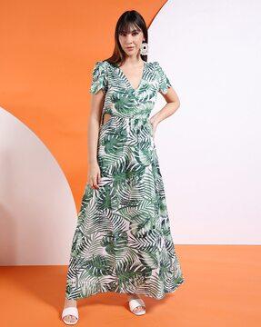 women tropical print v-neck cutout a-line dress