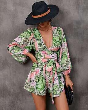 women tropical print v-neck playsuit