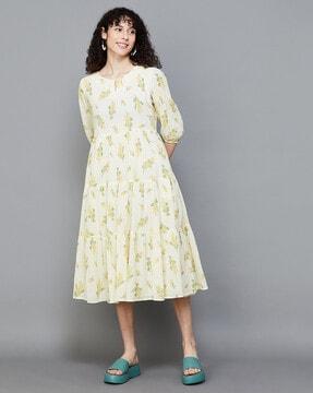 women tropical printed round-neck dress