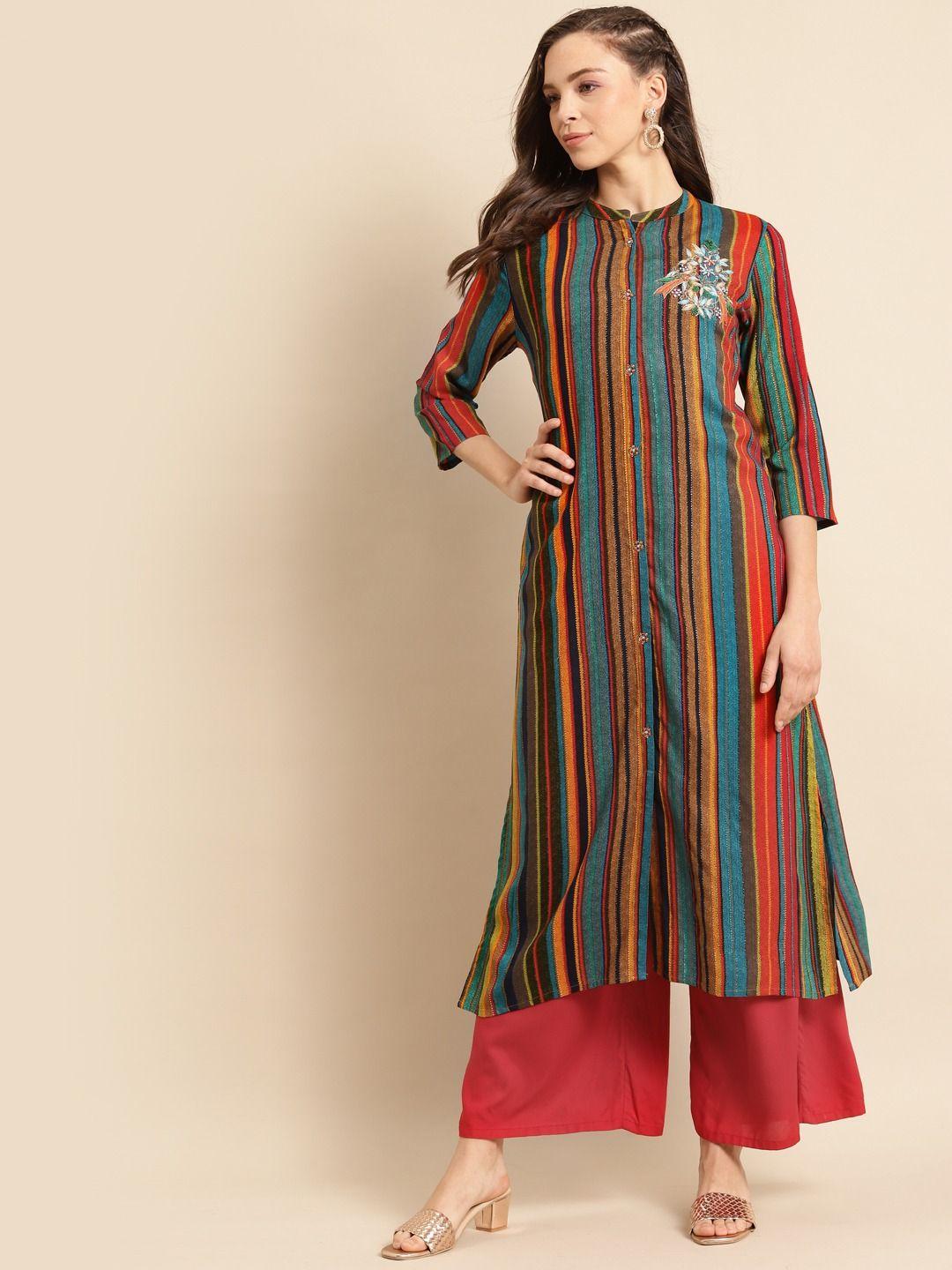 women turquoise blue & red stripe printed & hand embroidery straight kurta