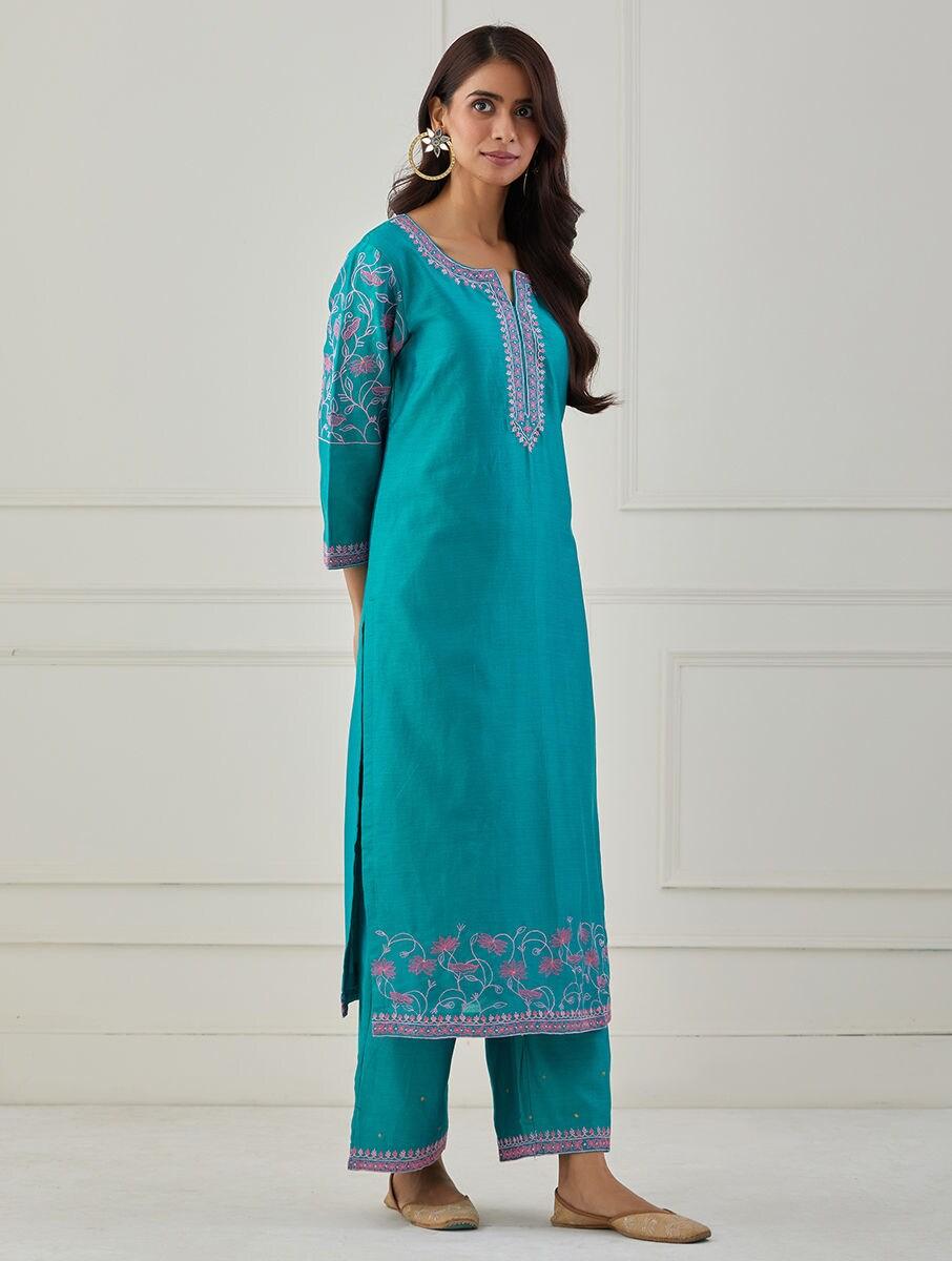 women turquoise blue chanderi silk solid full length regular fit pants