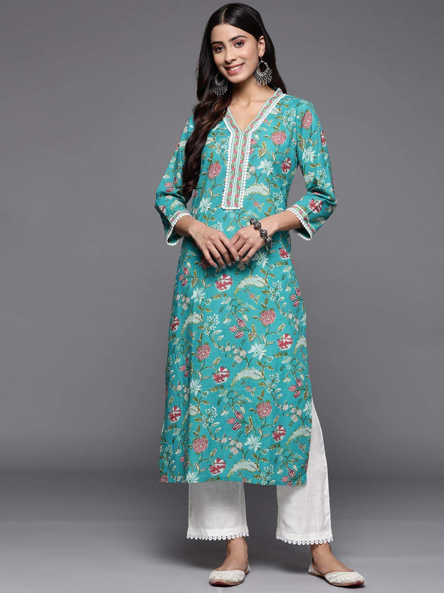 women turquoise blue floral printed kurta with three quarter sleeves