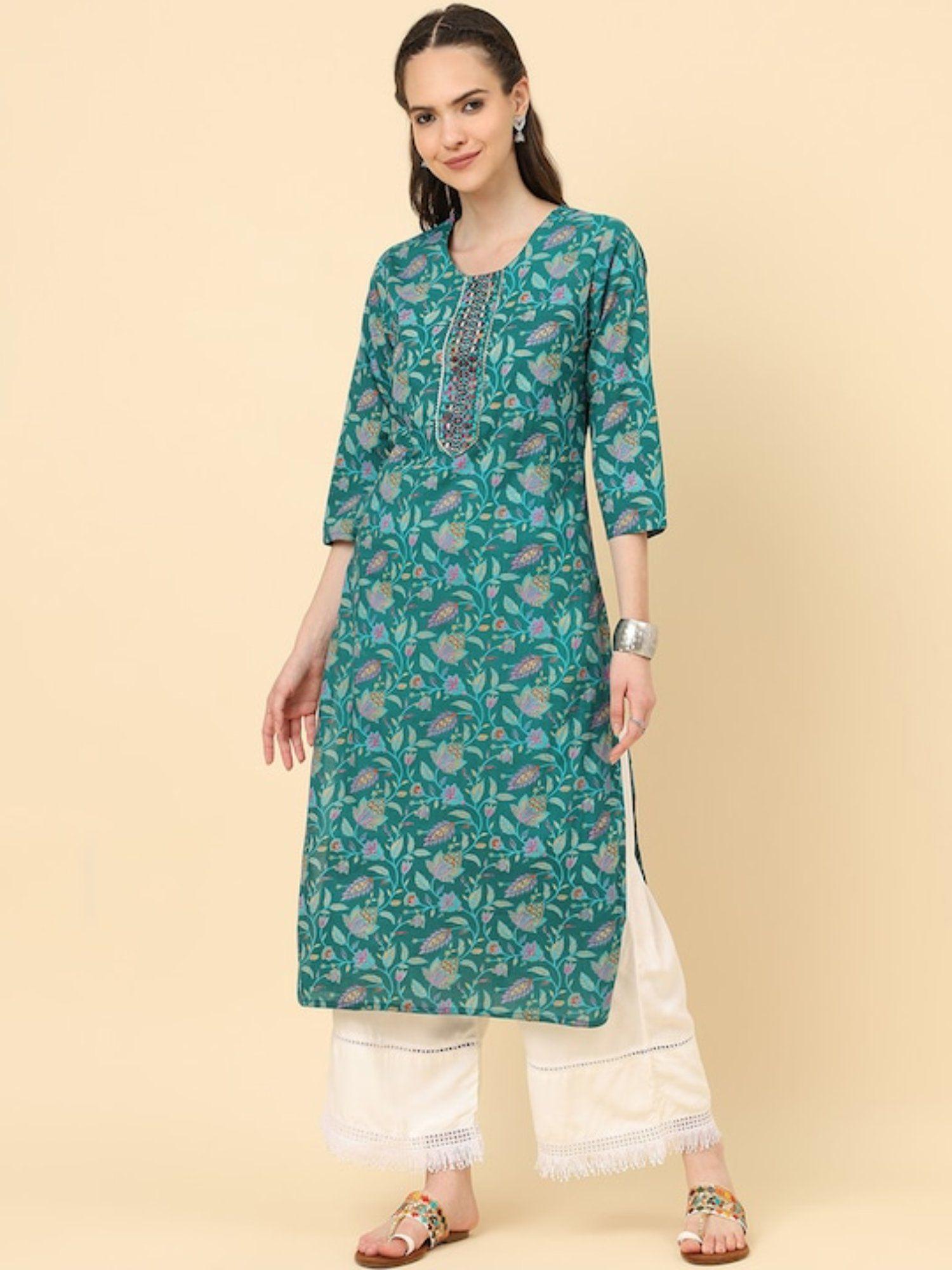 women turquoise blue floral printed straight kurta