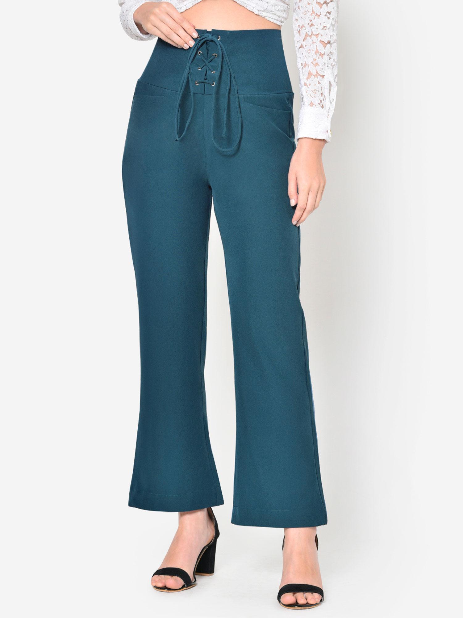 women turquoise blue high waist eyelet lace up trouser