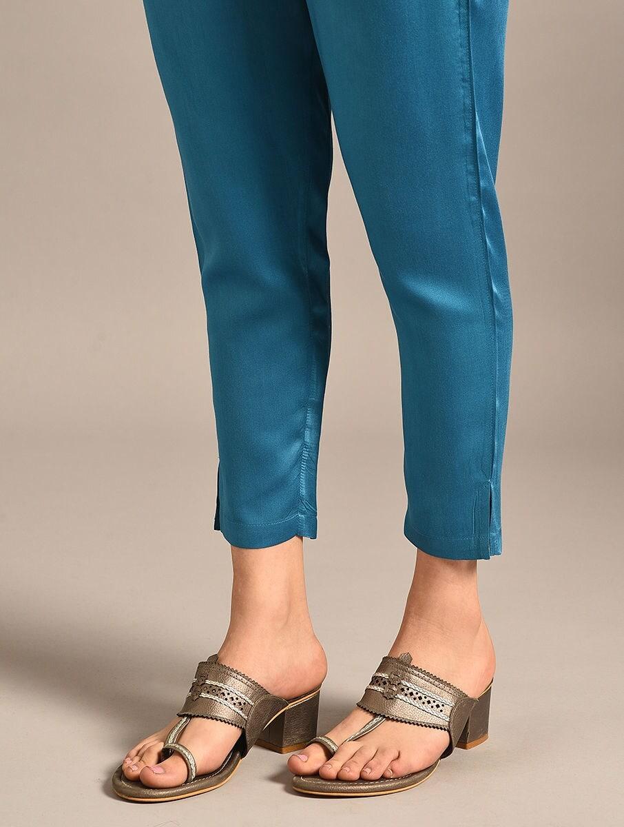 women turquoise blue modal solid ankle length regular fit pants