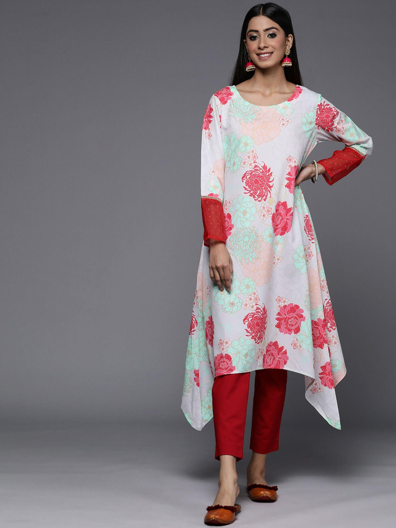 women turquoise blue red floral printed gota patti floral crepe kurta