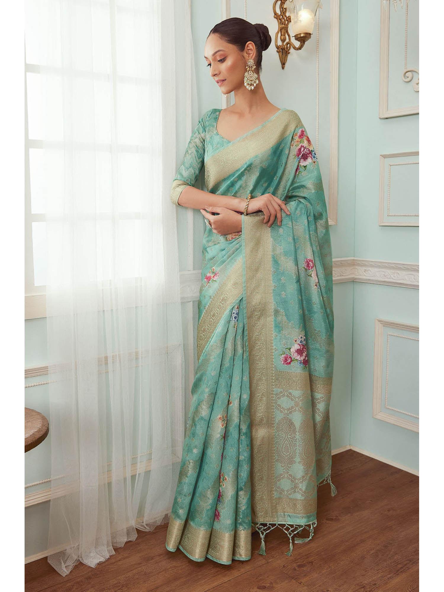 women turquoise chanderi floral saree with unstitched