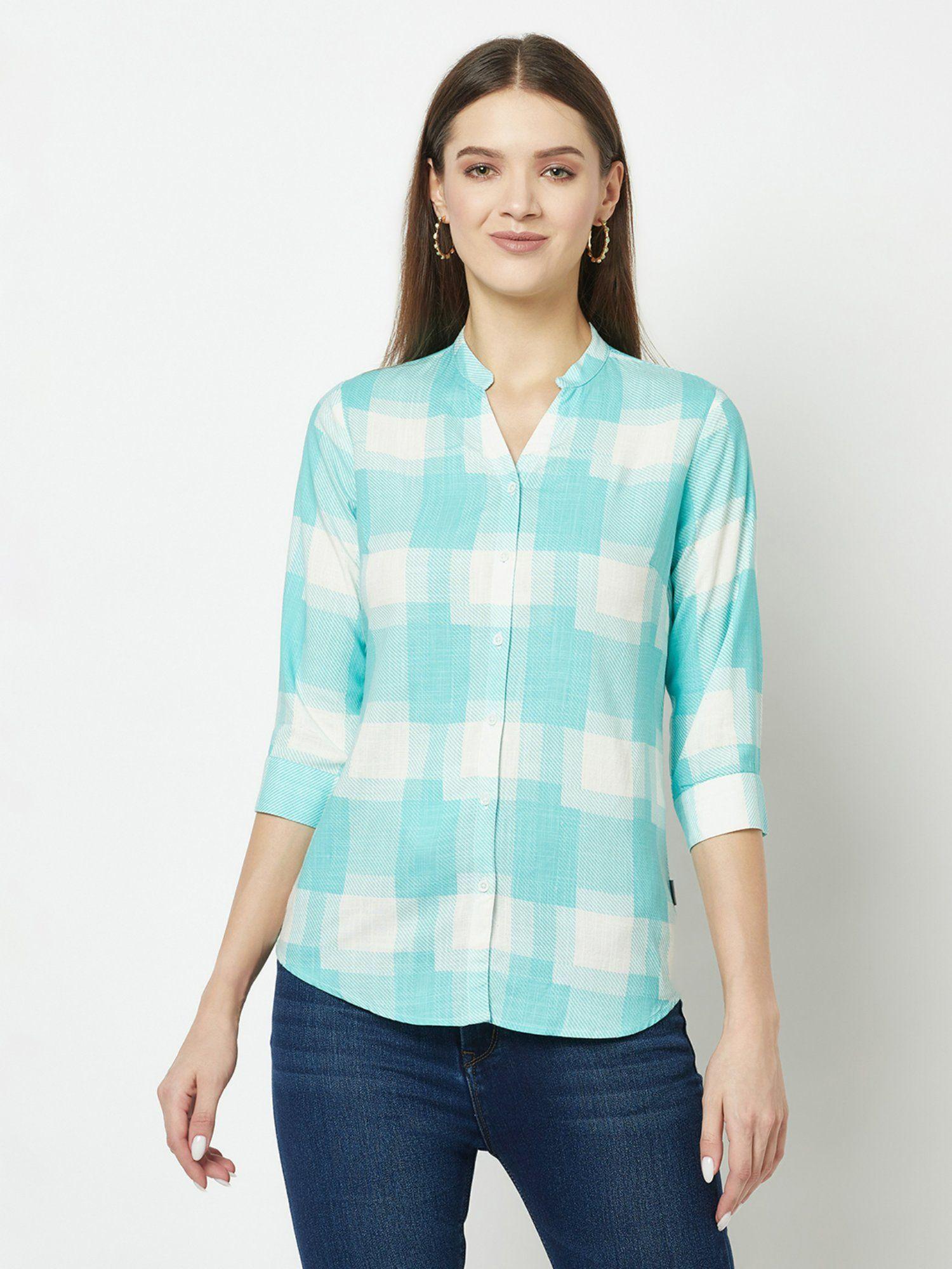women turquoise checks print shirt