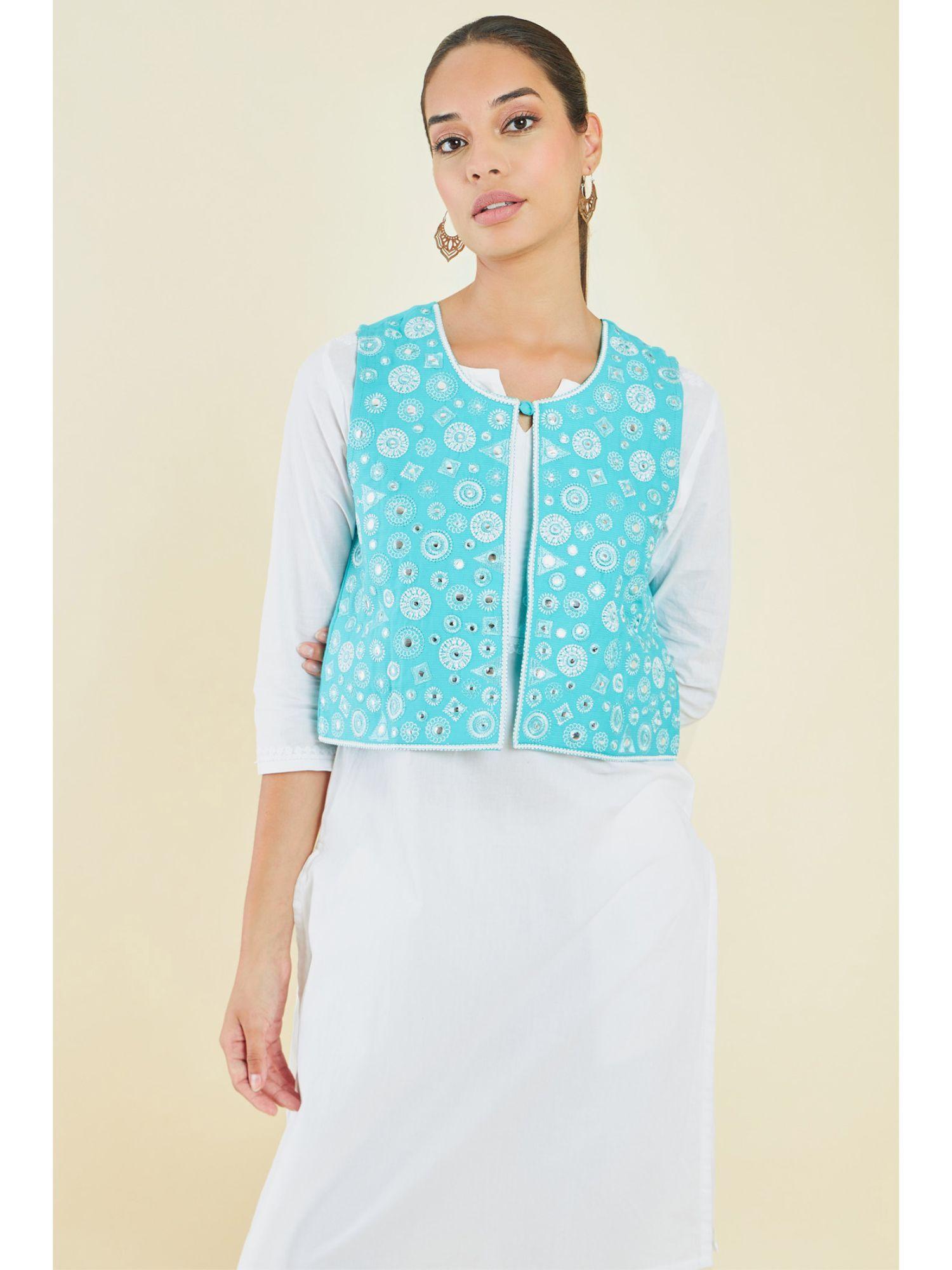 women turquoise cotton embroidered jacket