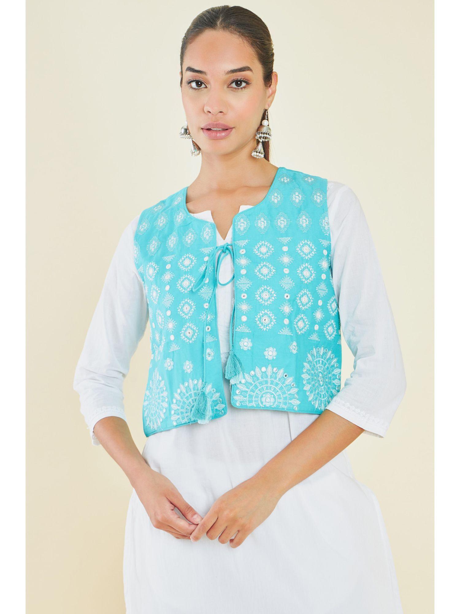 women turquoise cotton embroidered jacket