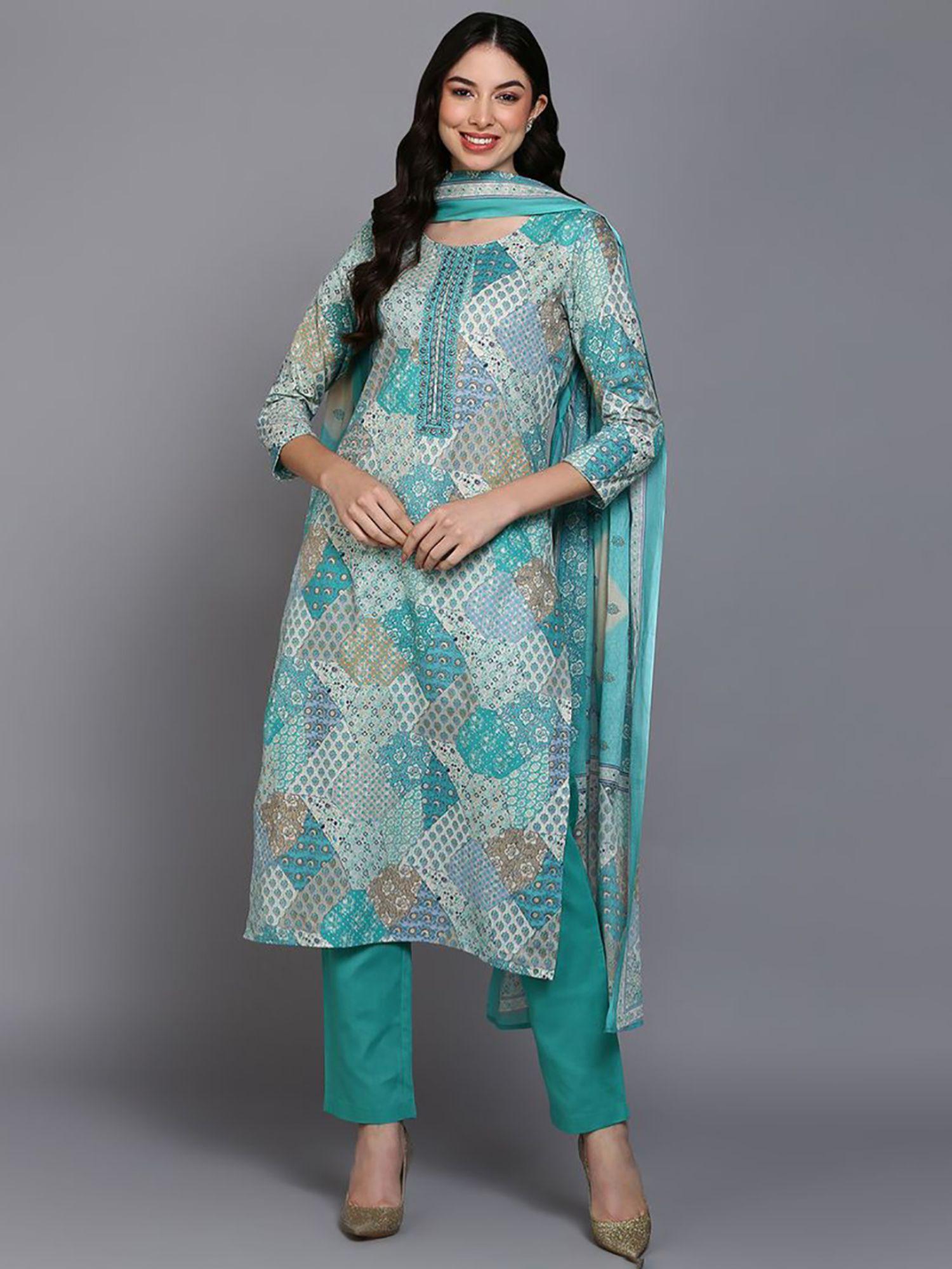 women turquoise cotton ethnic motifs printed kurta pant with dupatta (set of 3)