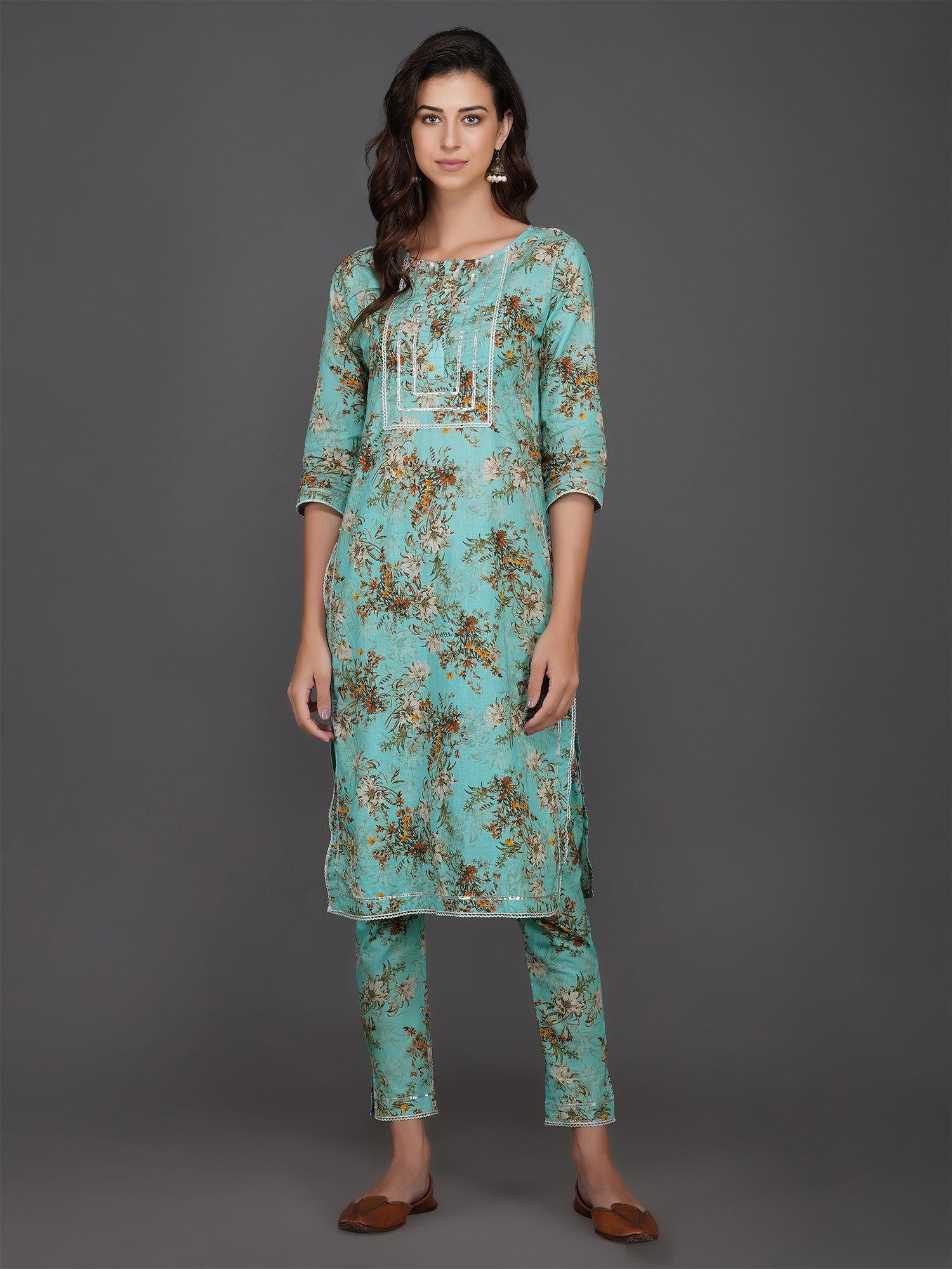 women turquoise cotton floral printed straight kurta and pant (set of 2)