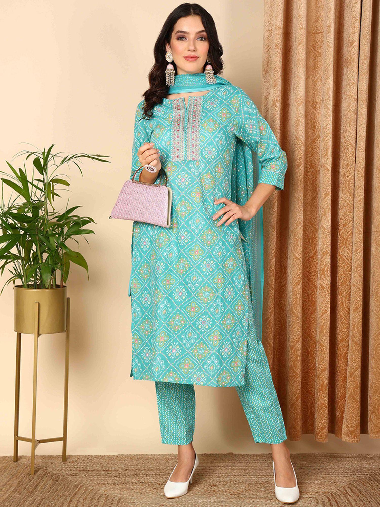 women turquoise cotton printed straight kurta trouser with dupatta (set of 3)