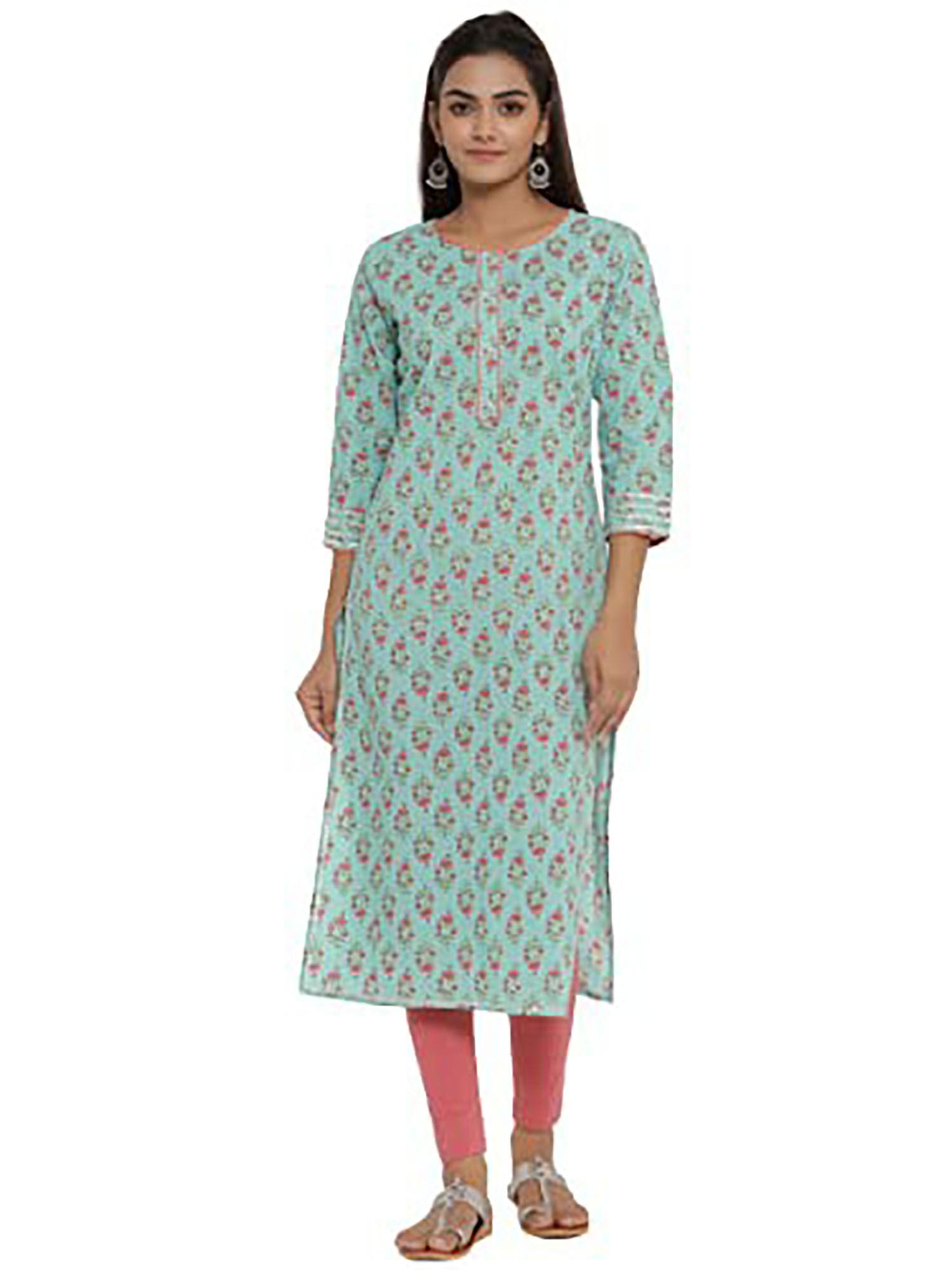 women turquoise floral cotton kurta