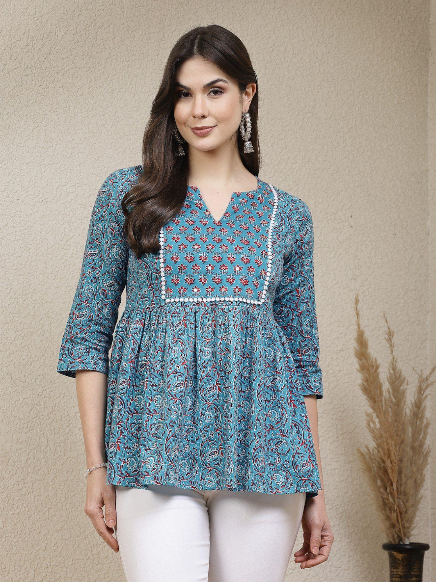 women turquoise floral printed cotton peplum top