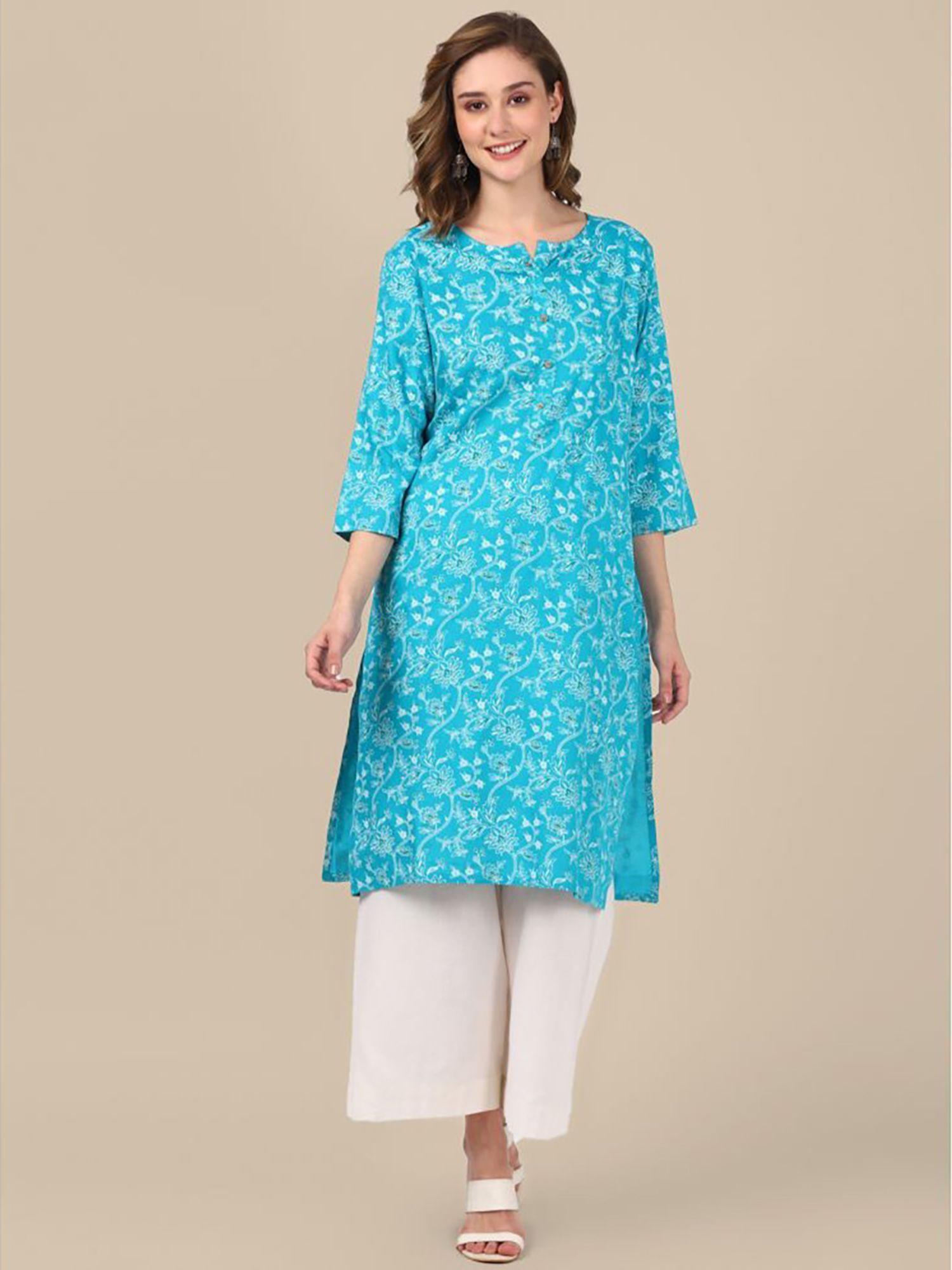 women turquoise floral printed knee length straight kurta