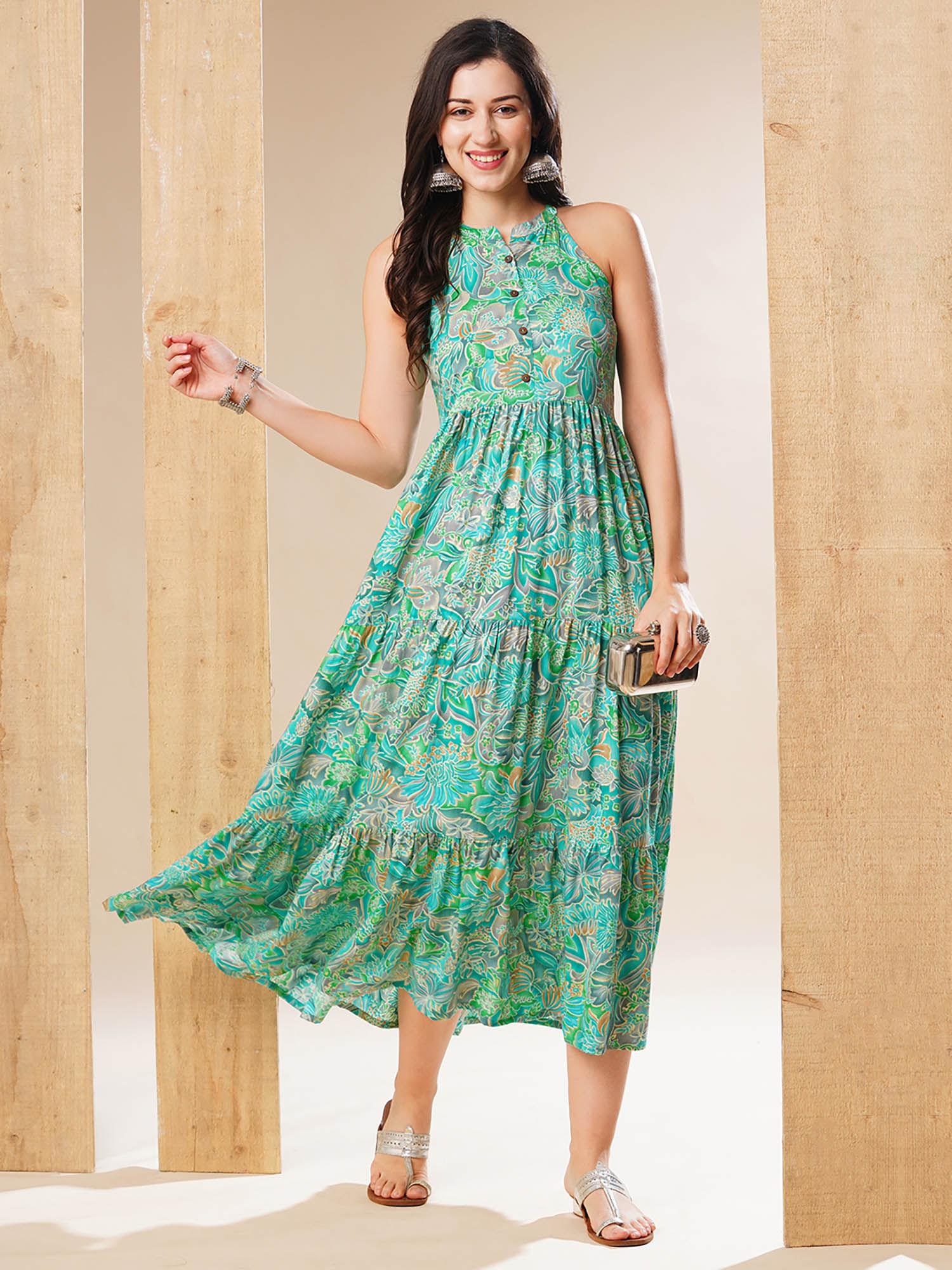 women turquoise mandarin collar over allover print tiered fit & flare fusion maxi dress