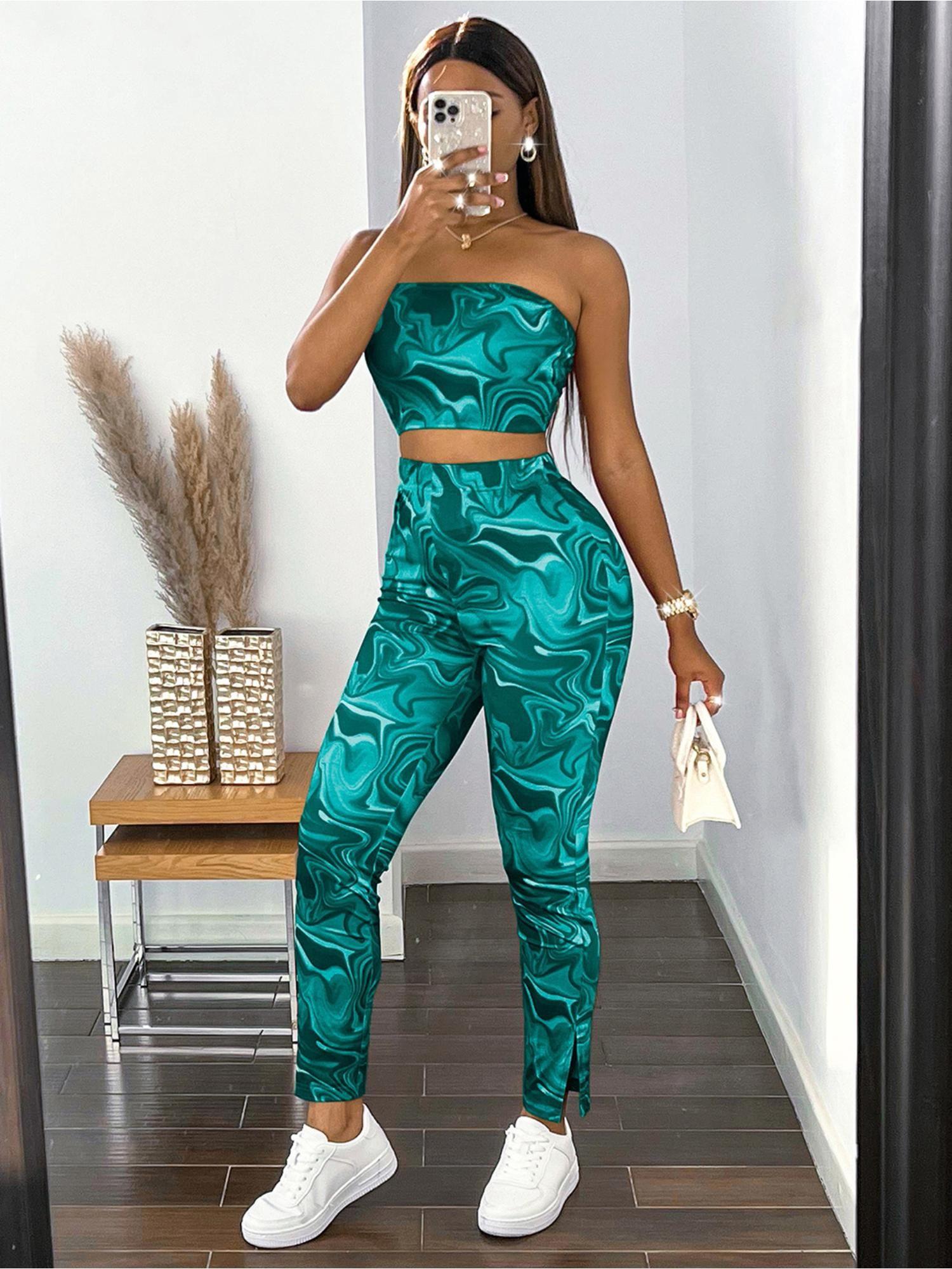 women turquoise printed strapless co-ord (set of 2)