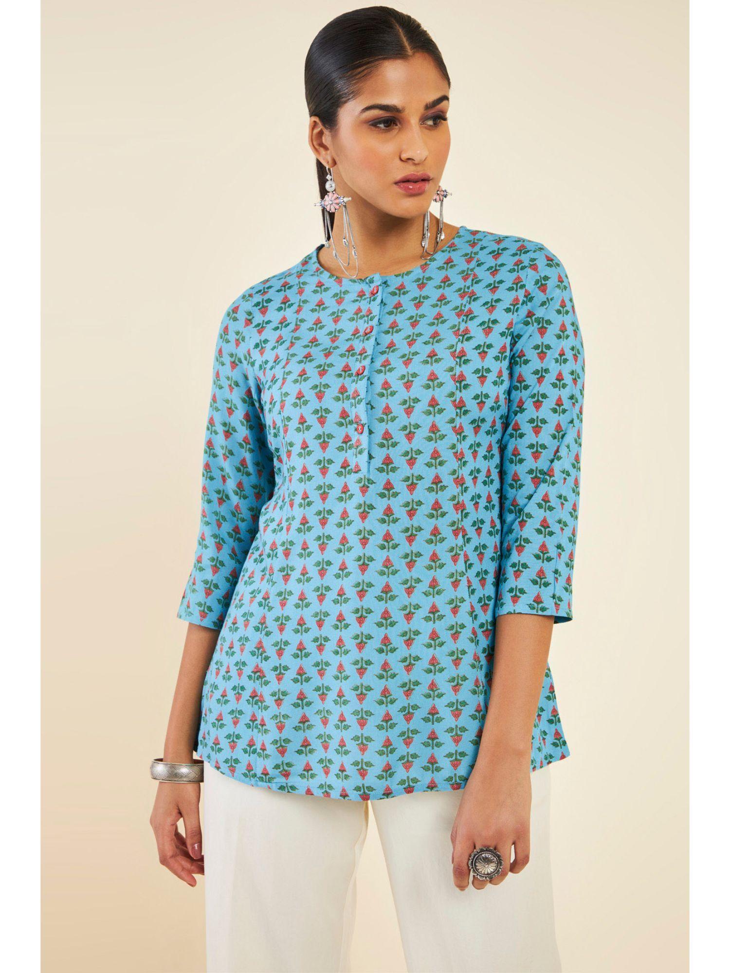 women turquoise rayon printed tunic