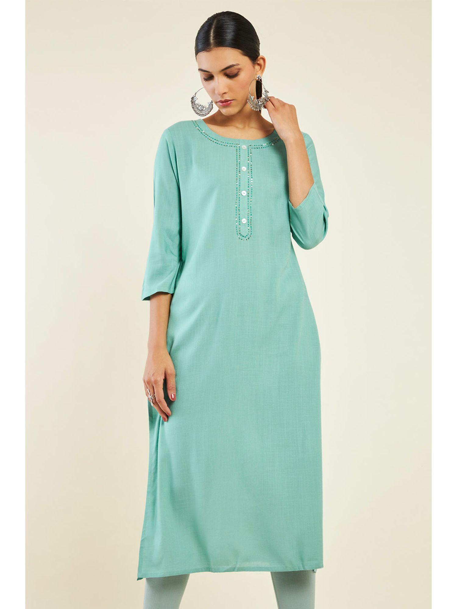 women turquoise rayon solid/plain kurta