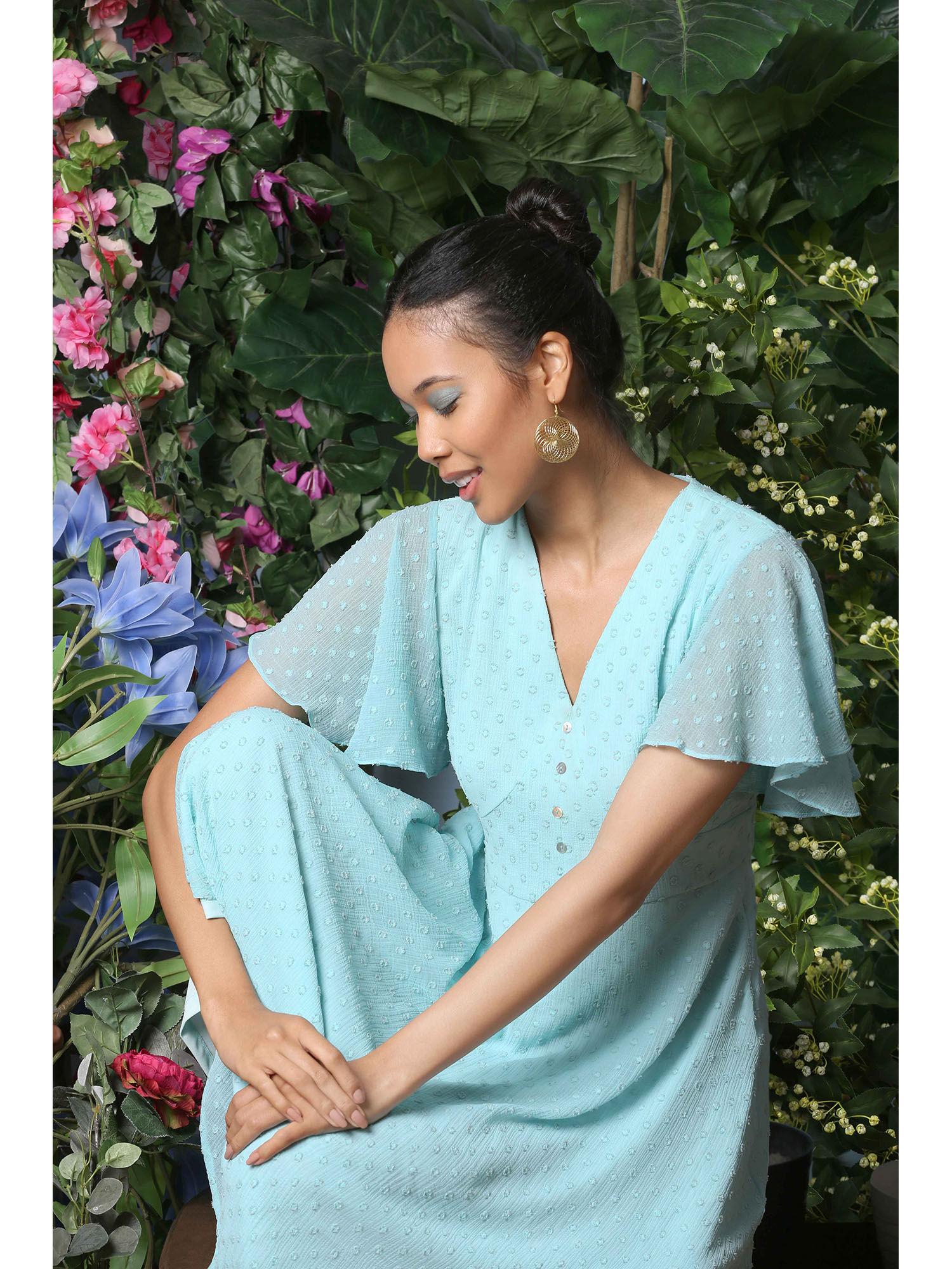 women turquoise self design regular midi dress